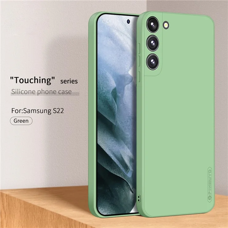 PINWUYO Silicone Phone Case for Samsung Galaxy S22 5G Precise Cutouts Fiber Flocking All-inclusive Protective Cover with Camera Protection - Green