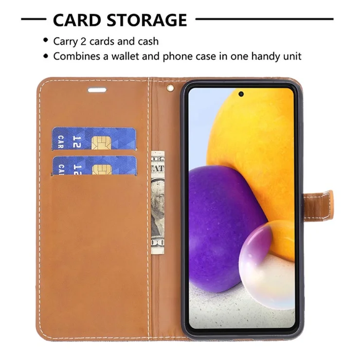 For Samsung Galaxy A73 5G Jeans Cloth Splicing Contrast Color PU Leather Shell Stand Wallet Phone Case with Strap - Grey