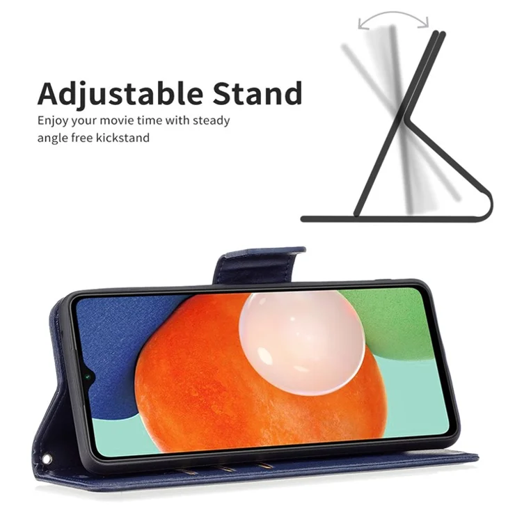 For Samsung Galaxy A13 4G / A13 5G / A04 4G (164.4 x 76.3 x 9.1 mm) Textured PU Leather Folio Flip Cover Stand Magnetic Phone Case with Strap - Blue