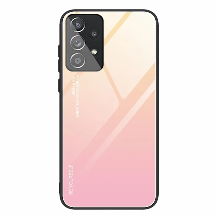 For Samsung Galaxy A33 5G Drop-proof Anti-scratch Gradient Tempered Glass Protective Cover TPU Frame Cell Phone Case - Gold/Pink