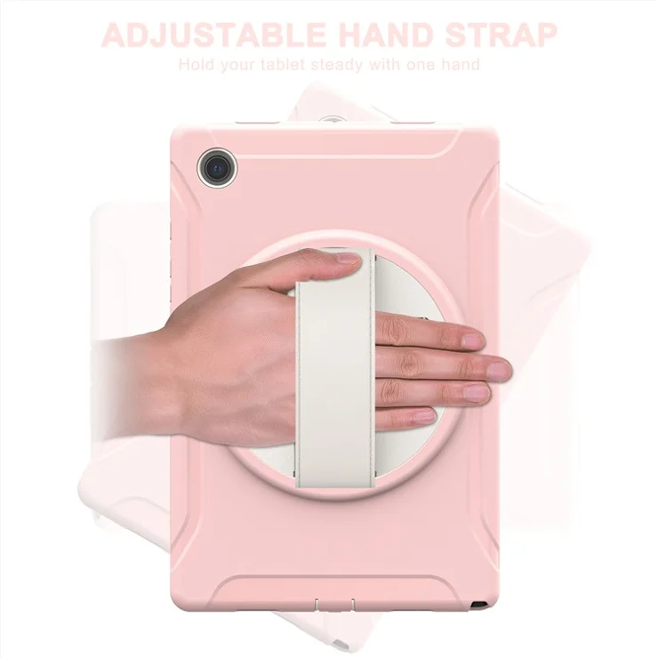 For Samsung Galaxy Tab A8 10.5 (2021) / A8 10.5 (2022) X200 / X205 PC + Silicone Tablet Case Rotary Kickstand Hand Strap Protective Cover - Cherry Blossoms Pink