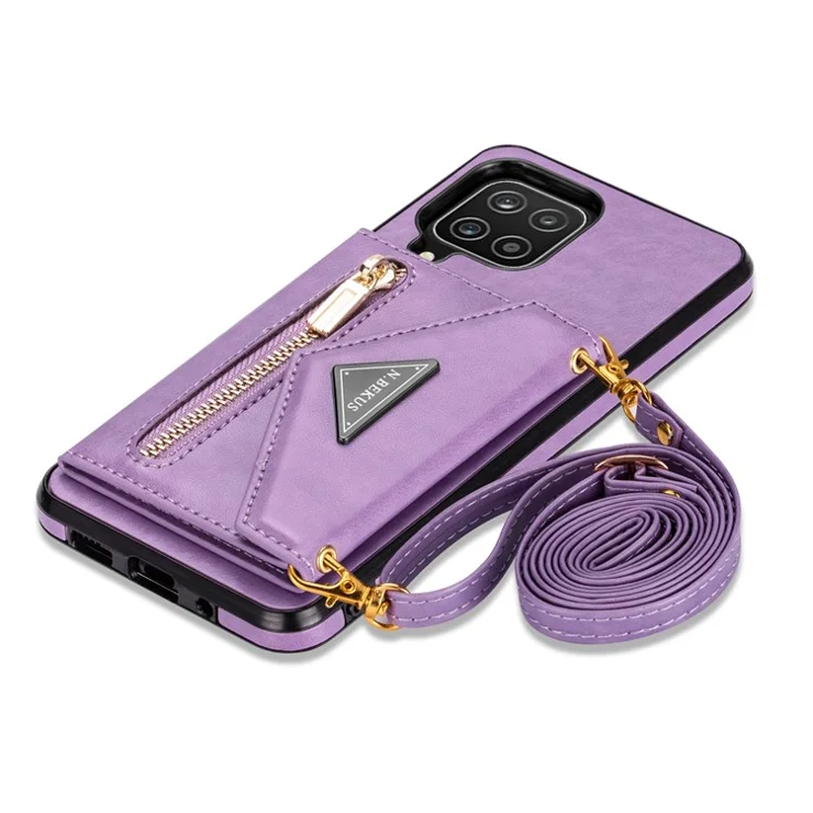 N.BEKUS PU Leather + TPU Phone Case for Samsung Galaxy A12, Zipper Card Holder Kickstand Cover with Long Strap - Purple