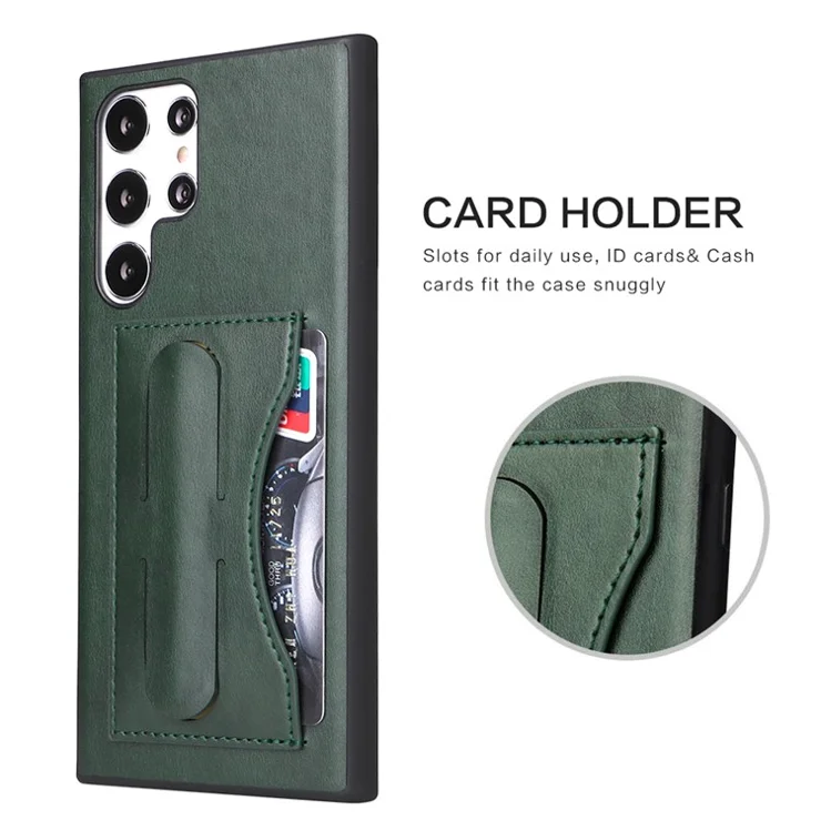 FIERRE SHANN for Samsung Galaxy S22 Ultra 5G Built-in Kickstand TPU+PC+PU Leather Cell Phone Case with Card Holder - Green