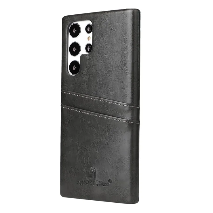 FIERRE SHANN For Samsung Galaxy S22 Ultra 5G Card Holder Hard PC Phone Case with Oil Wax PU Leather Coating - Grey