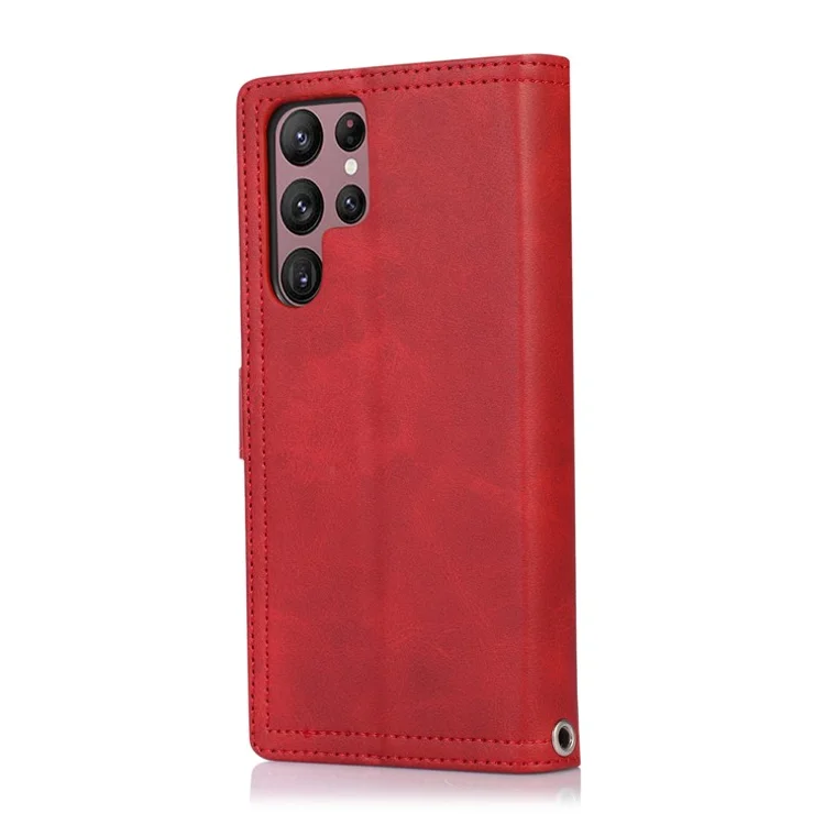 For Samsung Galaxy S22 Ultra 5G Wrist Strap Magnetic Clasp Anti-fall Protection Case Split Leather Stand Phone Cover with Multiple Card Slots - Red