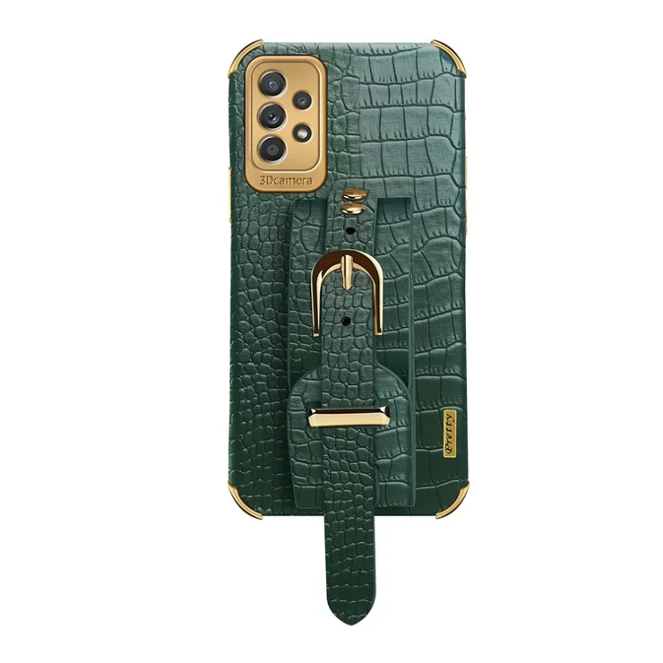 For Samsung Galaxy A73 5G PU Leather Coated TPU Mobile Phone Cover Crocodile Texture 6D Electroplating Precise Cutout Case with Wristband - Green