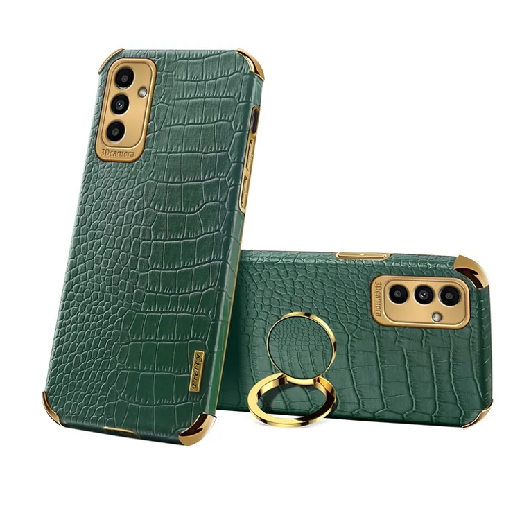 6D Electroplated Crocodile Texture Phone Case for Samsung Galaxy A13 5G / A04s 4G (164.7 x 76.7 x 9.1 mm), Ring Kickstand PU Leather Coated TPU Cover - Green