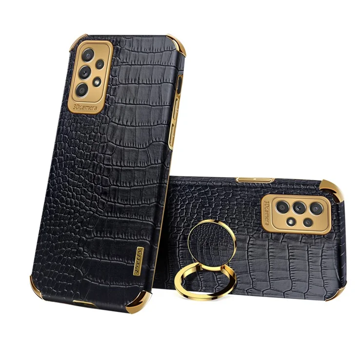 For Samsung Galaxy A53 5G 6D Electroplated Finger Ring Kickstand Case Crocodile Texture Anti-drop Stylish Leather Coated TPU Phone Case - Black