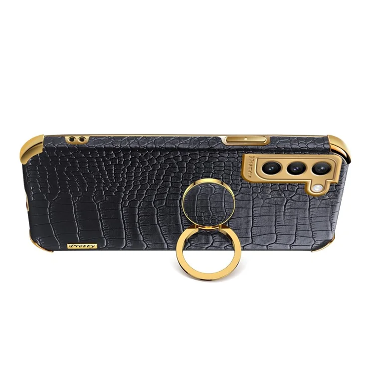 For Samsung Galaxy S21 FE 5G Crocodile Texture 6D Electroplated Kickstand Phone Case PU Leather Coated TPU Cover - Green
