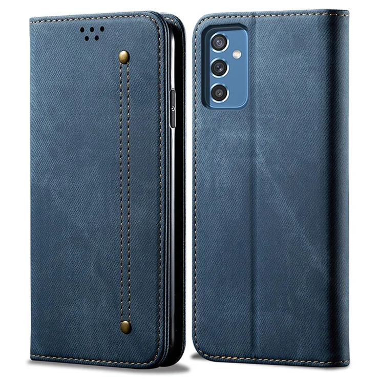 For Samsung Galaxy A13 5G / A04s 4G (164.7 x 76.7 x 9.1 mm) Jeans Cloth Texture Leather Case Magnetic Auto-absorbed Wallet Stand Feature Flip Cover - Blue