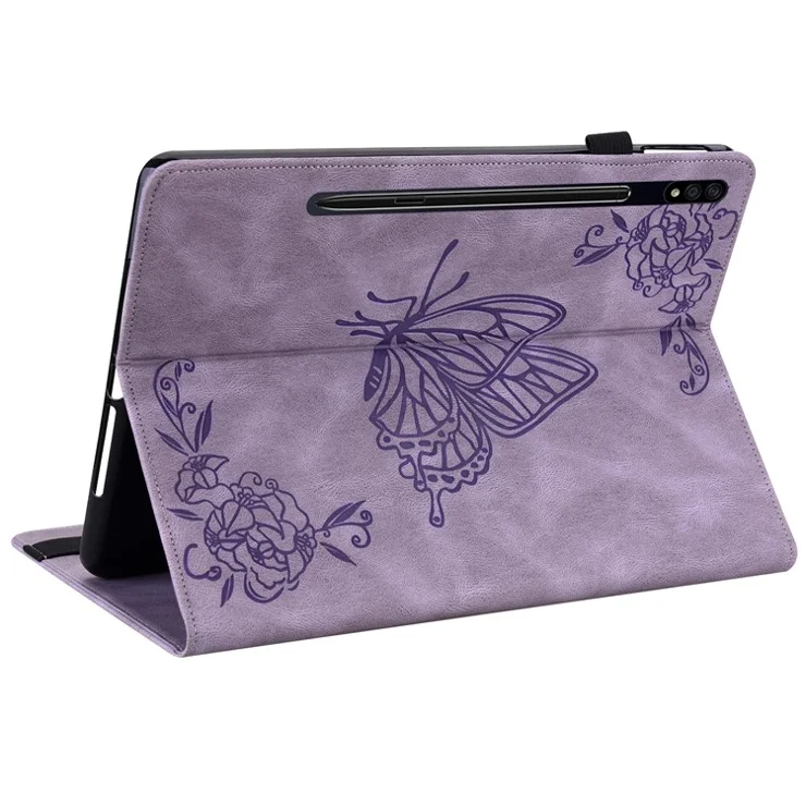 Protective Case for Samsung Galaxy Tab S8 Flip Cover Butterfly Flower Imprinted Card Leather Stand Case with Holder Slot - Purple