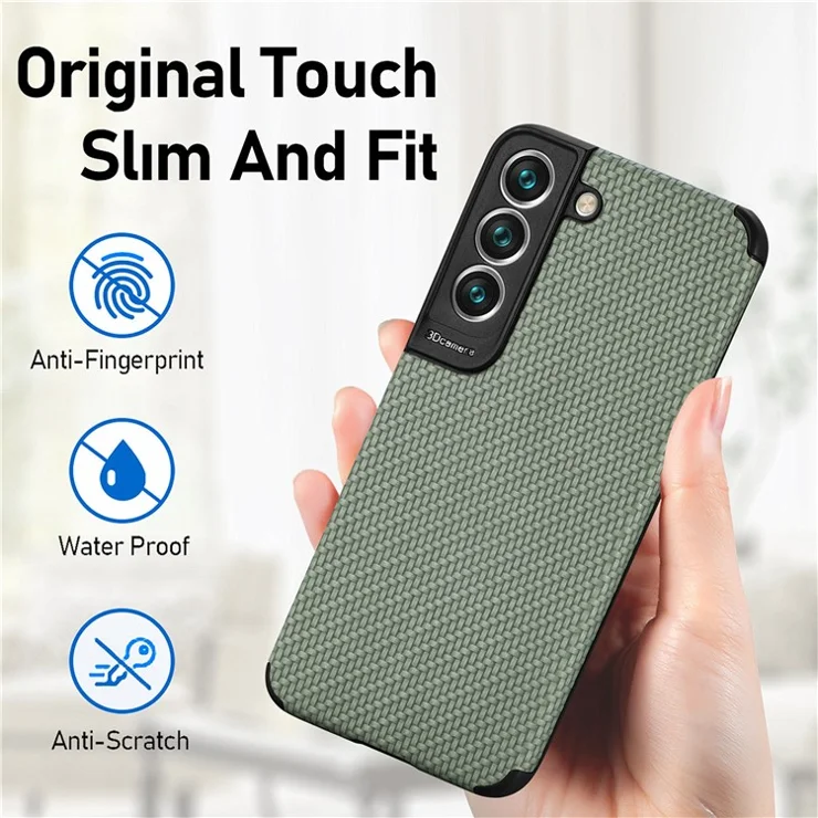 For Samsung Galaxy S21 FE 5G Fiber Texture Phone Cover PU Leather Coated Anti-fingerprint PVC + Soft TPU Protective Case - Green