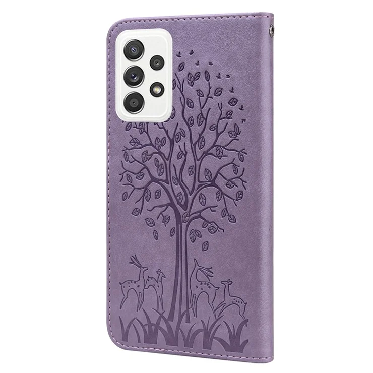 For Samsung Galaxy A23 4G / 5G (Global Version) Deer Tree Pattern Imprinted PU Leather Magnetic Flip Cover Wallet Stand Shockproof Protective Case - Purple