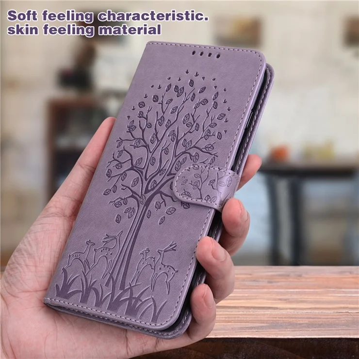 For Samsung Galaxy S21 FE 5G / S21 Fan Edition Deer Tree Pattern Imprinted PU Leather Protective Case Wallet Stand Flip Magnetic Clasp Closure Cover - Purple