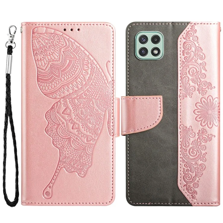 For Samsung Galaxy A22 5G (EU Version) Butterfly Flower Imprinted Wallet Phone Case Scratch Resistant Folio Flip Protective Cover with Stand - Rose Gold