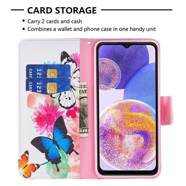 For Samsung Galaxy A23 4G / 5G (Global Version) Phone Case Pattern Printing PU Leather Wallet Stand Cover - Two Butterflies