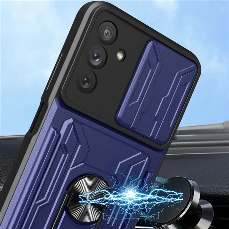 For Samsung Galaxy A13 5G Built-in Metal Sheet Phone Case Slide Camera Cover Design PC + TPU Hybrid Shell with Rotating Kickstand - Black