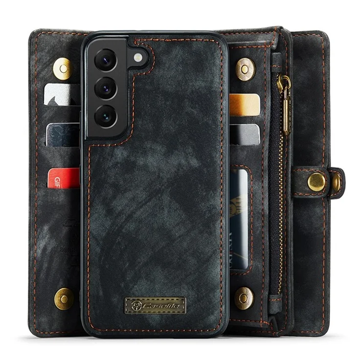 CASEME 008 Series for Samsung Galaxy S22 5G Shockproof PU Leather Detachable 2-in-1 Phone Case Multifunctional Anti-fall Wallet Stand Shell - Black