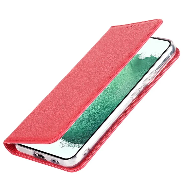 For Samsung Galaxy S22+ 5G PU Leather Silk Texture Phone Case Stand Flip Folio Wallet Cover with Wrist Strap - Red