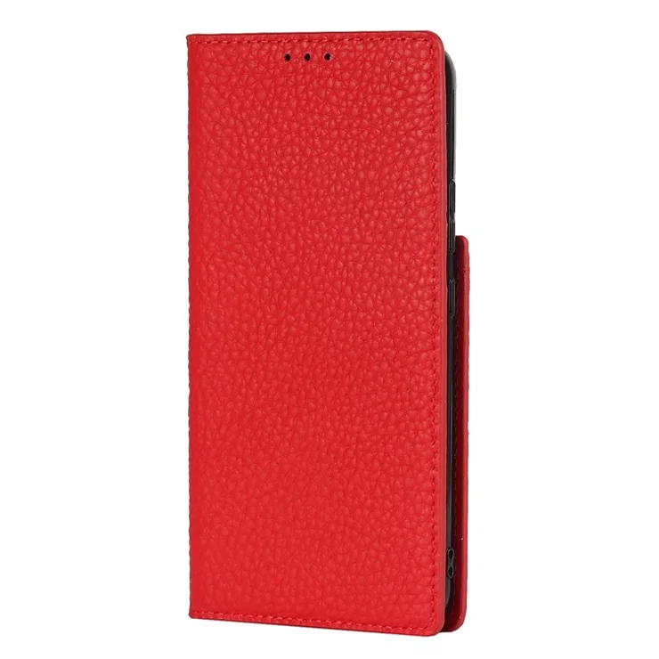 For Samsung Galaxy S22+ 5G Shockproof Genuine Leather Case Litchi Texture Wallet Stand Phone Shell with Hand Strap - Red