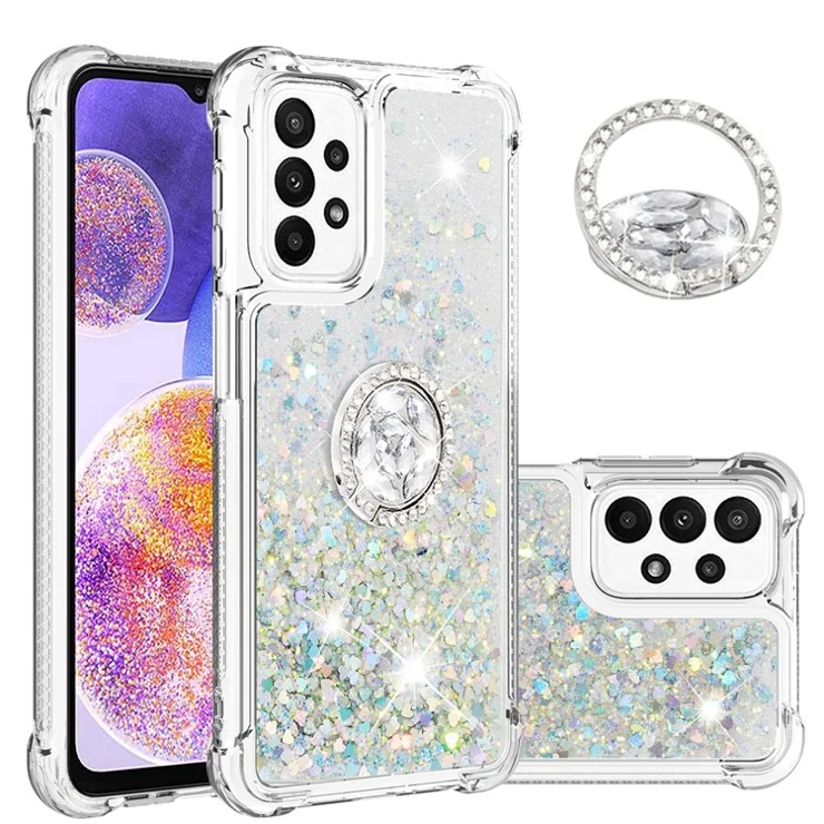 For Samsung Galaxy A23 4G / 5G (Global) TPU Case with Kickstand Quicksand Shockproof Cover - Silver / Hearts