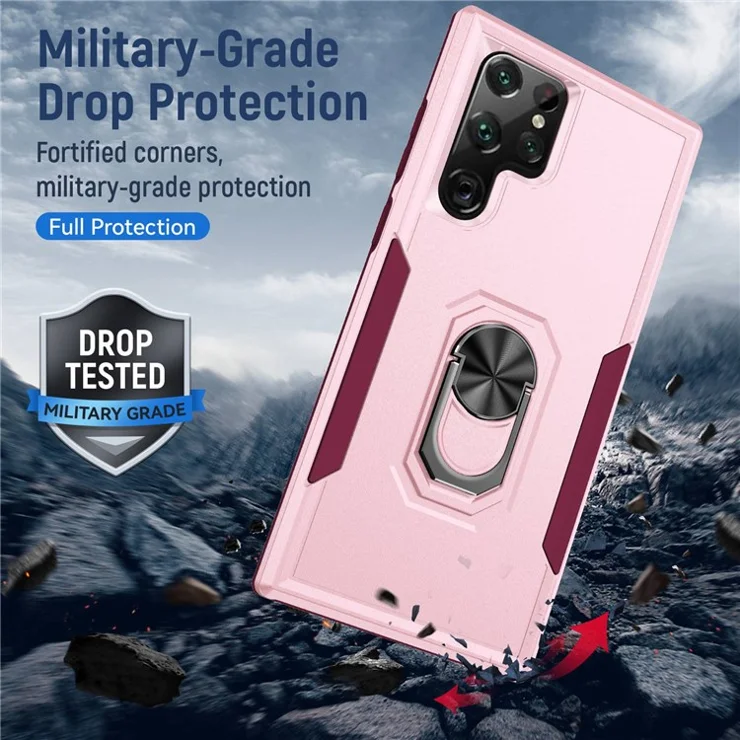 Defender Series PC + TPU Cellphone Case for Samsung Galaxy S22 Ultra 5G, Impact Resistant Phone Cover with Rotary Ring Kickstand - Pink/Rose