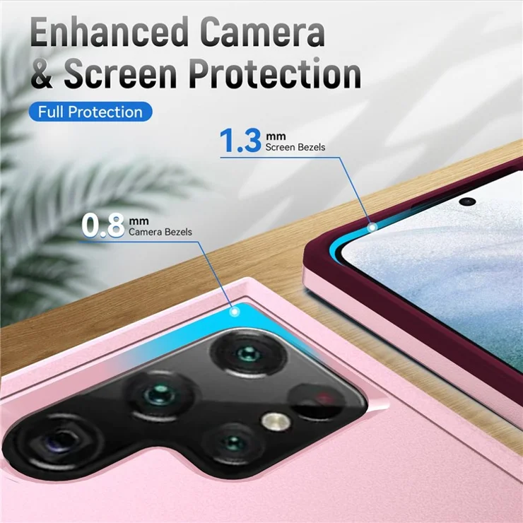 Defender Series PC + TPU Cellphone Case for Samsung Galaxy S22 Ultra 5G, Impact Resistant Phone Cover with Rotary Ring Kickstand - Pink/Rose