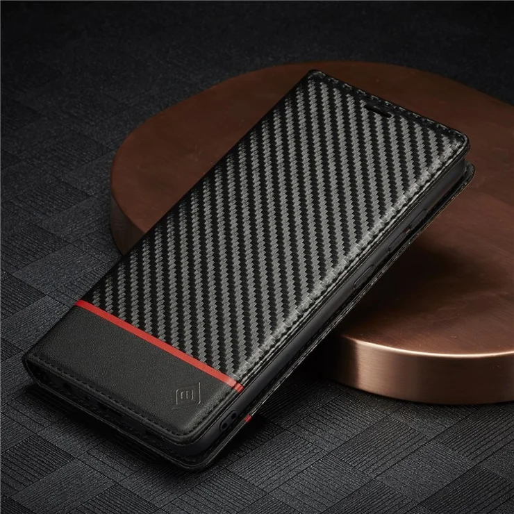 LC.IMEEKE for Samsung Galaxy A33 5G PU Leather Carbon Fiber Texture Flip Case Stand Hidden Magnetic Adsorption Shockproof Wallet Cover - Horizontal Stripe