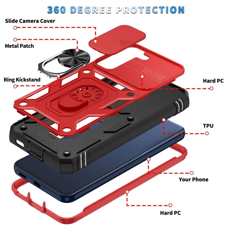 For Samsung Galaxy S22 5G Case Ring Kickstand Anti-Scratch Hard PC + TPU Bumper Shockproof Protective Cover with Sliding Camera Lens Protector - Red/Black