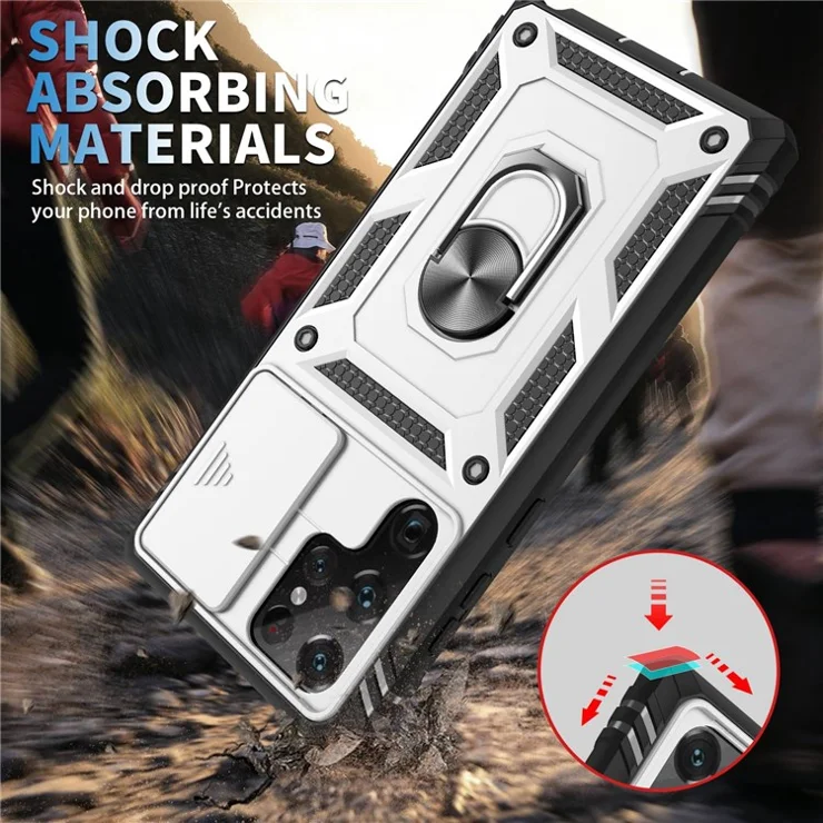 For Samsung Galaxy S22 Ultra 5G Phone Case Hard PC + Flexible TPU Protective Cover with Rotating Holder Kickstand and Camera Lens Protector - White/Black