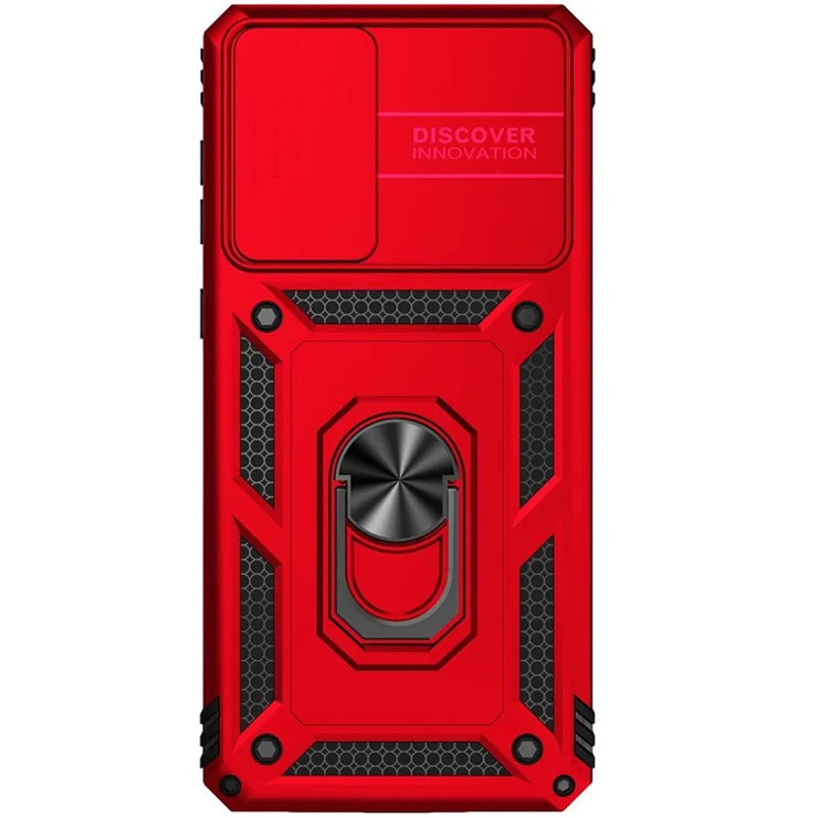 For Samsung Galaxy A73 5G Camera Protection Case Soft TPU + Hard PC Hybrid Design Shock Absorption Protective Cover with Rotating Ring Kickstand - Red