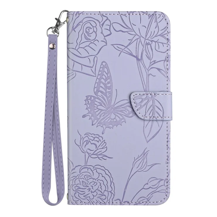 For Samsung Galaxy A20s Butterfly Flower Pattern Imprinted Leather Phone Cover Skin-touch Feeling Wallet Stand Case with Wrist Strap - Light Purple