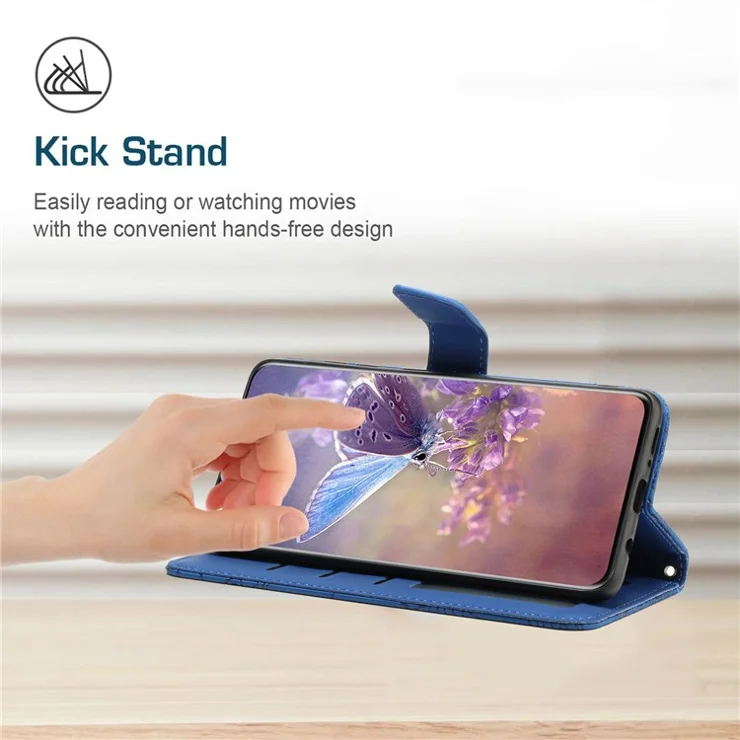 Butterfly Flower Imprinted Phone Cover for Samsung Galaxy A13 5G / A04s 4G (164.7 x 76.7 x 9.1 mm), Skin-touch PU Leather Wallet Cover Flip Stand Case with Hand Strap - Blue