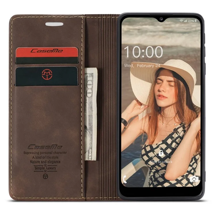 CASEME 013 Series for Samsung Galaxy A02s (166.5x75.9x9.2mm) PU Leather Wallet Case Hidden Magnetic Absorption Stand Feature Flip Cover - Coffee
