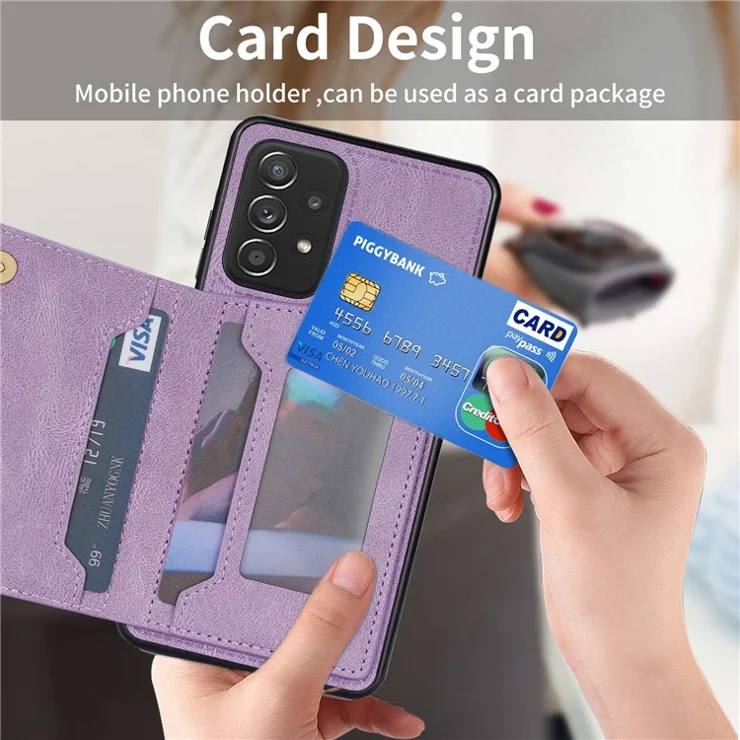 For Samsung Galaxy A53 5G Card Pocket Kickstand Design Protector Line Splicing Imprinting PU Leather Anti-drop Phone Case - Purple