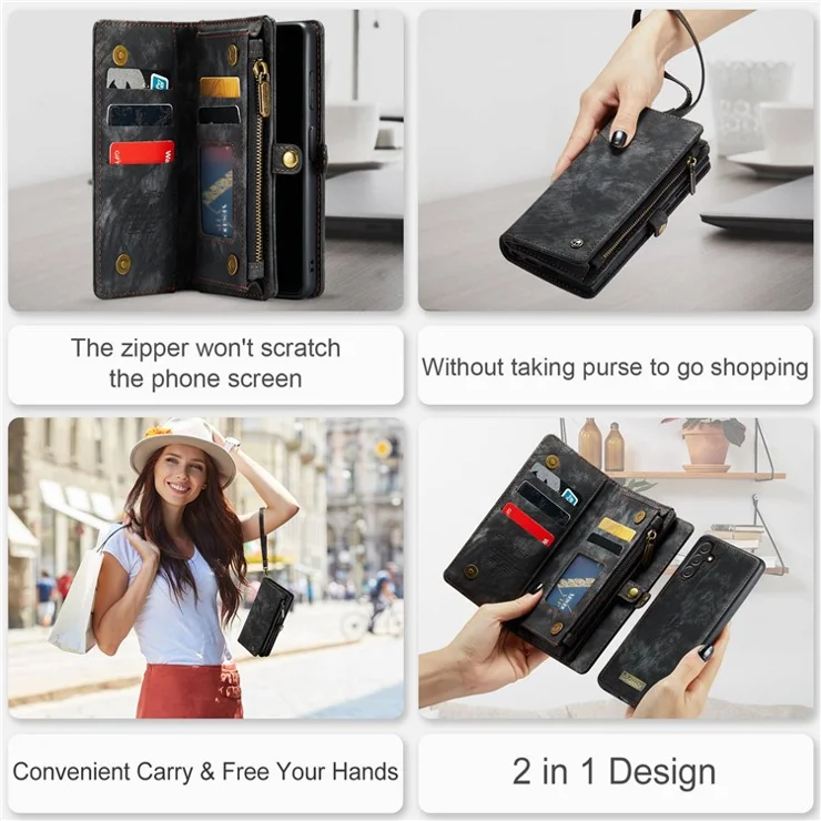 CASEME 008 Series for Samsung Galaxy A13 5G / A04s 4G (164.7 x 76.7 x 9.1 mm) Detachable 2-in-1 Shockproof PU Leather Case Multifunctional Wallet Adjustable Stand Phone Shell - Black