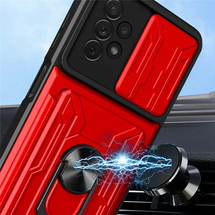 Slide Camera Protection Phone Case for Samsung Galaxy A13 4G, Ring Kickstand PC + TPU Hybrid Cover - Red