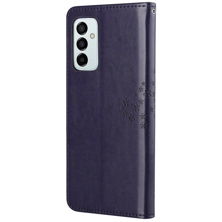 For Samsung Galaxy M23 5G/F23 5G PU Leather Imprinted Owl Tree Pattern Case Folding Stand Wallet Flip Cover with Strap - Dark Purple