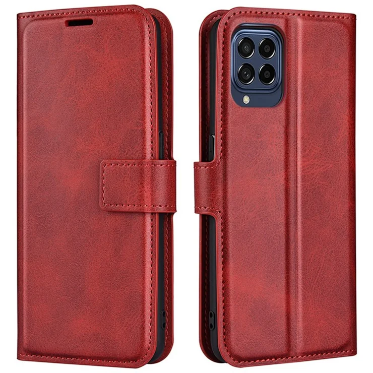 For Samsung Galaxy M33 5G (Global Version) Magnetic Clasp Textured PU Leather Stand Phone Case Wallet Folio Flip Cover - Red