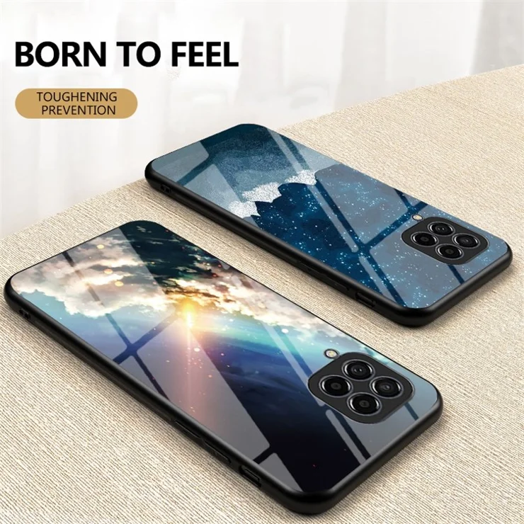 For Samsung Galaxy M33 5G (Global Version) Slim Light Drop-proof Starry Sky Pattern Design Tempered Glass Back Case Hard PC TPU Shell - Bright Starry Sky