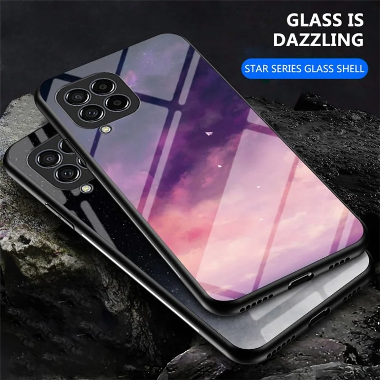 For Samsung Galaxy M33 5G (Global Version) Slim Light Drop-proof Starry Sky Pattern Design Tempered Glass Back Case Hard PC TPU Shell - Bright Starry Sky