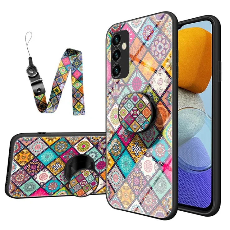 For Samsung Galaxy M23 5G/F23 5G Drop-proof Protection Kickstand Phone Case Flower Pattern Tempered Glass + PC + TPU Shell with Lanyard - Checkered Pattern