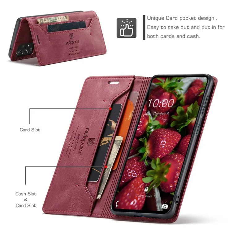 AUTSPACE A01 Series for Samsung Galaxy A73 5G PU Leather Case RFID Blocking Wallet Flip Stand Cover - Red