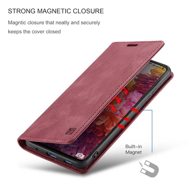 AUTSPACE A01 Series for Samsung Galaxy S20 FE 4G/5G/S20 Lite/S20 Fan Edition 4G/5G/S20 FE 2022 PU Leather Case RFID Blocking Cover - Red