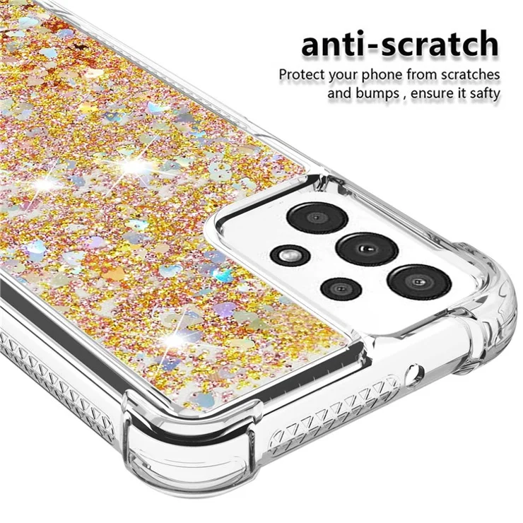 For Samsung Galaxy A13 4G TPU Case Glitter Quicksand Shockproof Phone Back Cover - Gold / Hearts