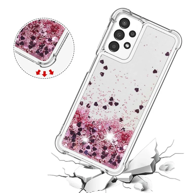 For Samsung Galaxy A13 4G TPU Case Glitter Quicksand Shockproof Phone Back Cover - Rose Gold / Hearts