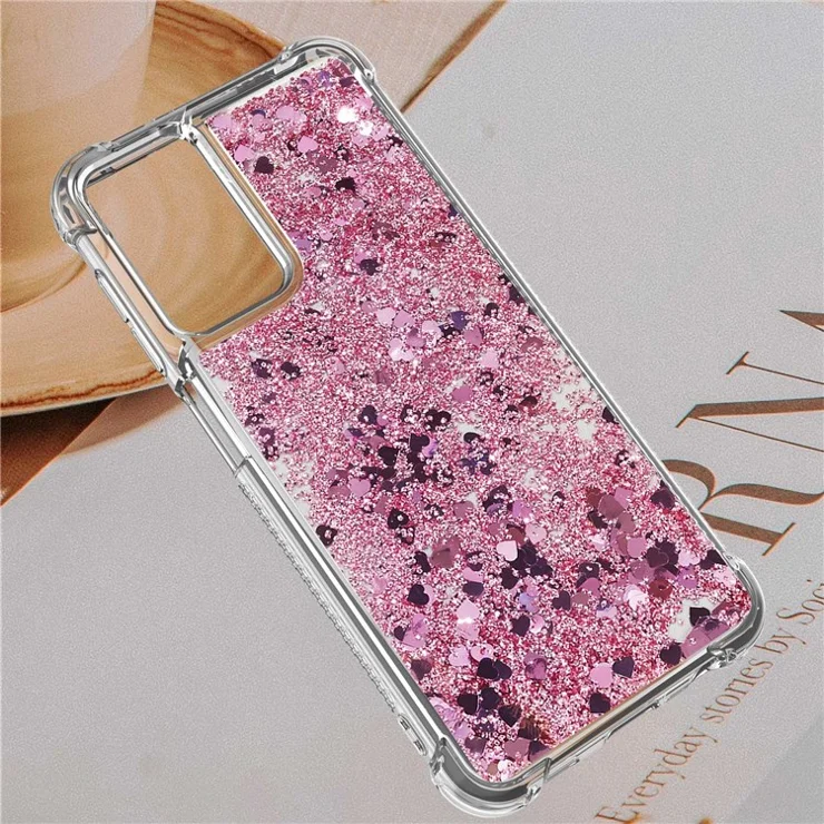 For Samsung Galaxy A13 4G TPU Case Glitter Quicksand Shockproof Phone Back Cover - Rose Gold / Hearts