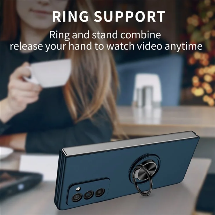 For Samsung Galaxy Z Fold2 5G Anti-scratch Hard PC Rotating Metal Ring Kickstand Phone Case Folding Shockproof Cover - Dark Blue