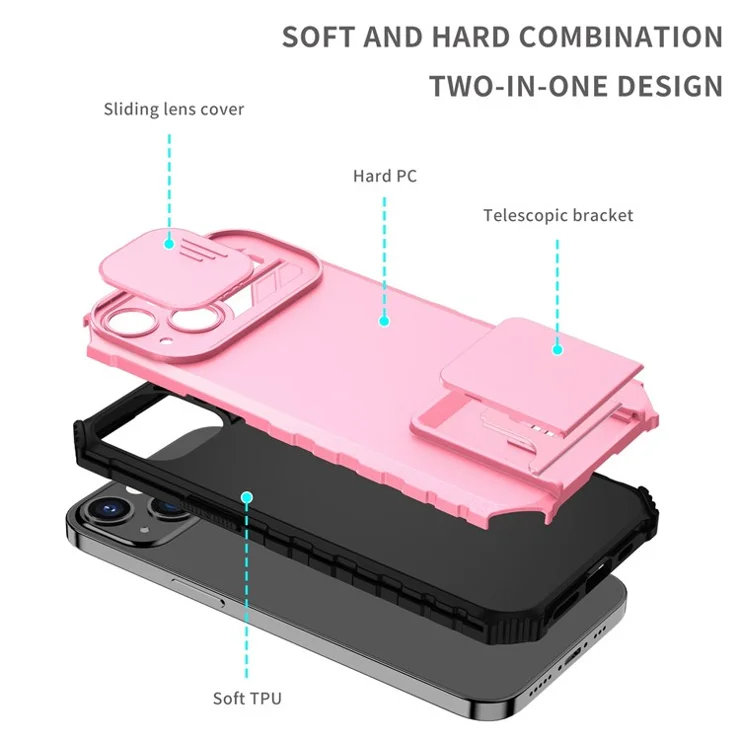 For Samsung Galaxy S22 Ultra 5G Adjustable Vertical Kickstand Phone Case Camera Slider Protection Hybrid PC + TPU Cover - Pink