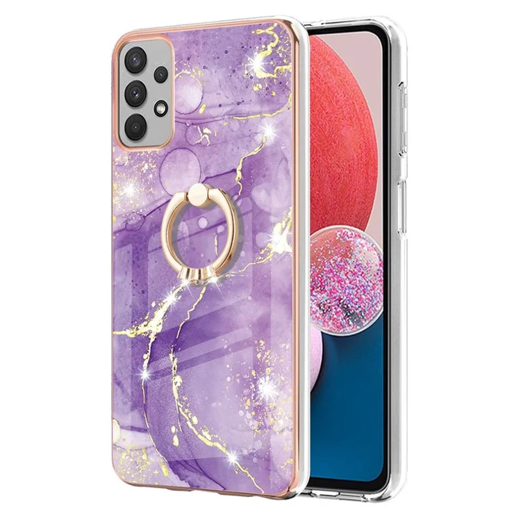 For Samsung Galaxy A13 4G Case with Ring Kickstand Marble Pattern Electroplating TPU Back Cover - Purple 002